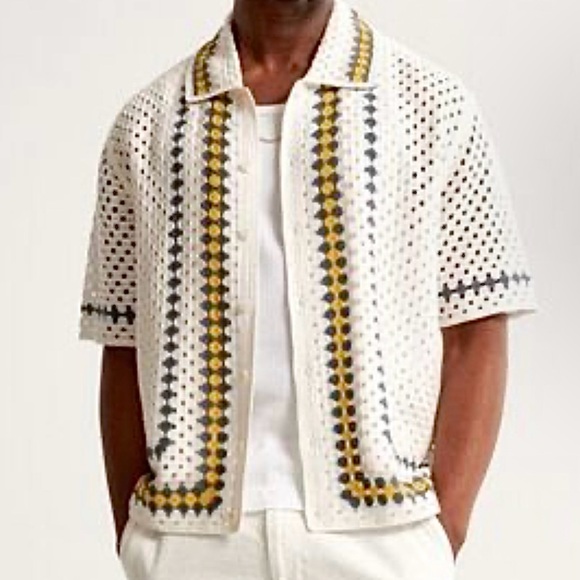 Men’s Abercrombie & Fitch Crochet  Button-Front Shirt Sz XL white green yellow - Picture 1 of 9